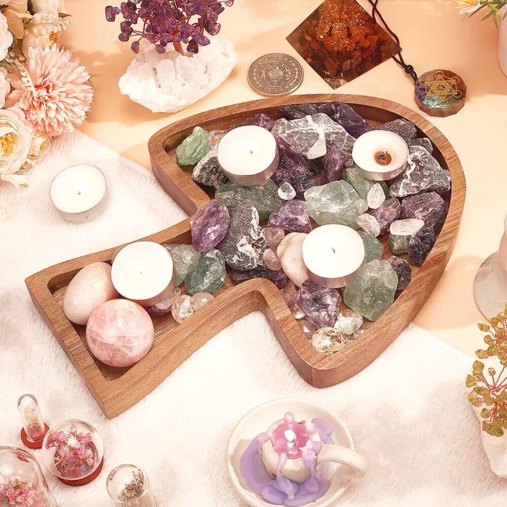 Mushroom Tray Wooden Crystal Holder Round Crystal Organizer Tray Acacia Wood Tri